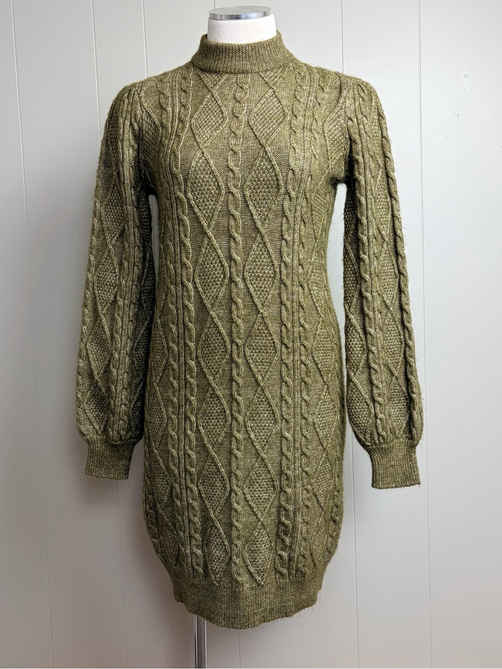 Ophelia Roe Olive Cable Knit Wool Blend Sweater Dress S